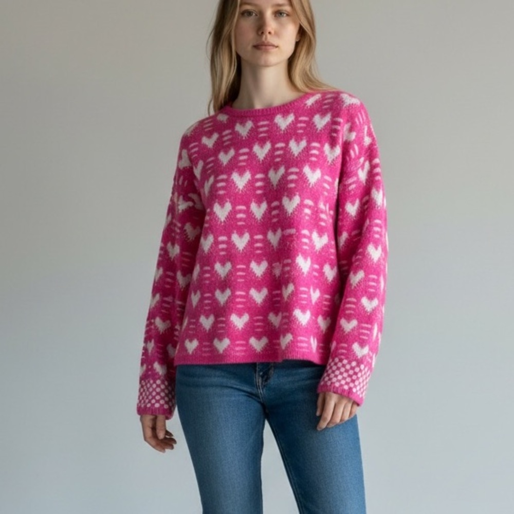 Sassy Shortcake Pink Heart Knit Sweater Cozy Preppy Statement Pullover Small